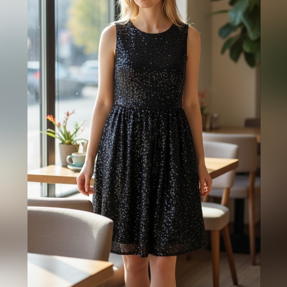 Medium Issi Sleeveless Black Matte Sequin Fit-and-Flare Dress